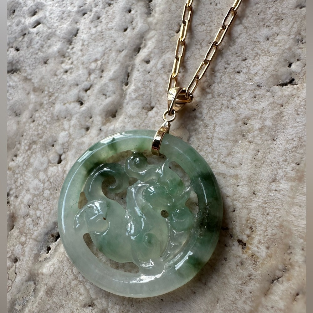 14k Solid Gold Imperial Jade Carved Dragon Necklace pendant